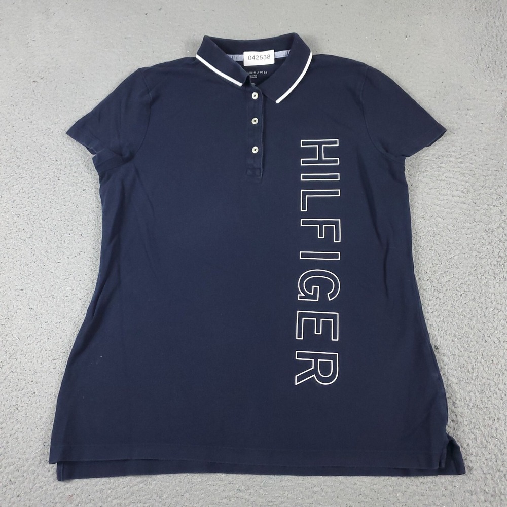 Tommy Hilfiger Womens Relaxed Fit Polo Shirt Blue Logo Short Sleeve Medium